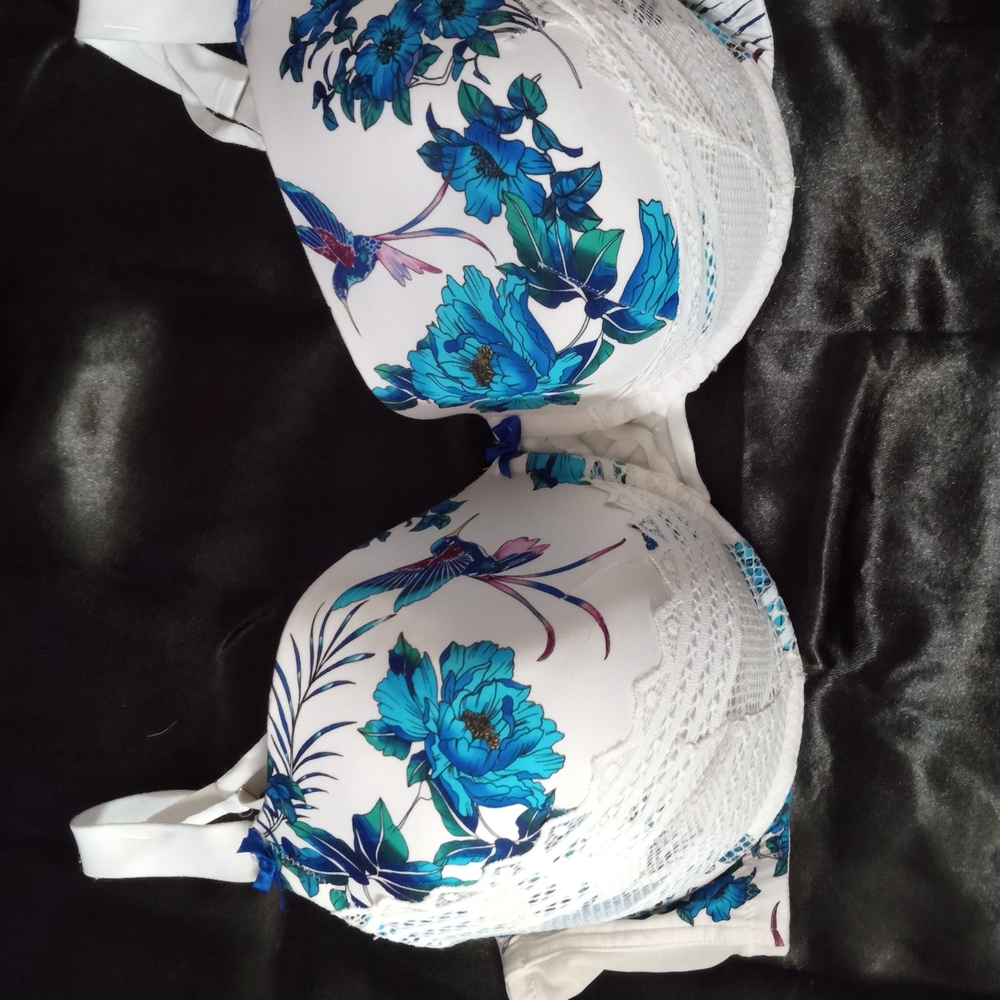 Cacique Blue and White Floral Lace Bra